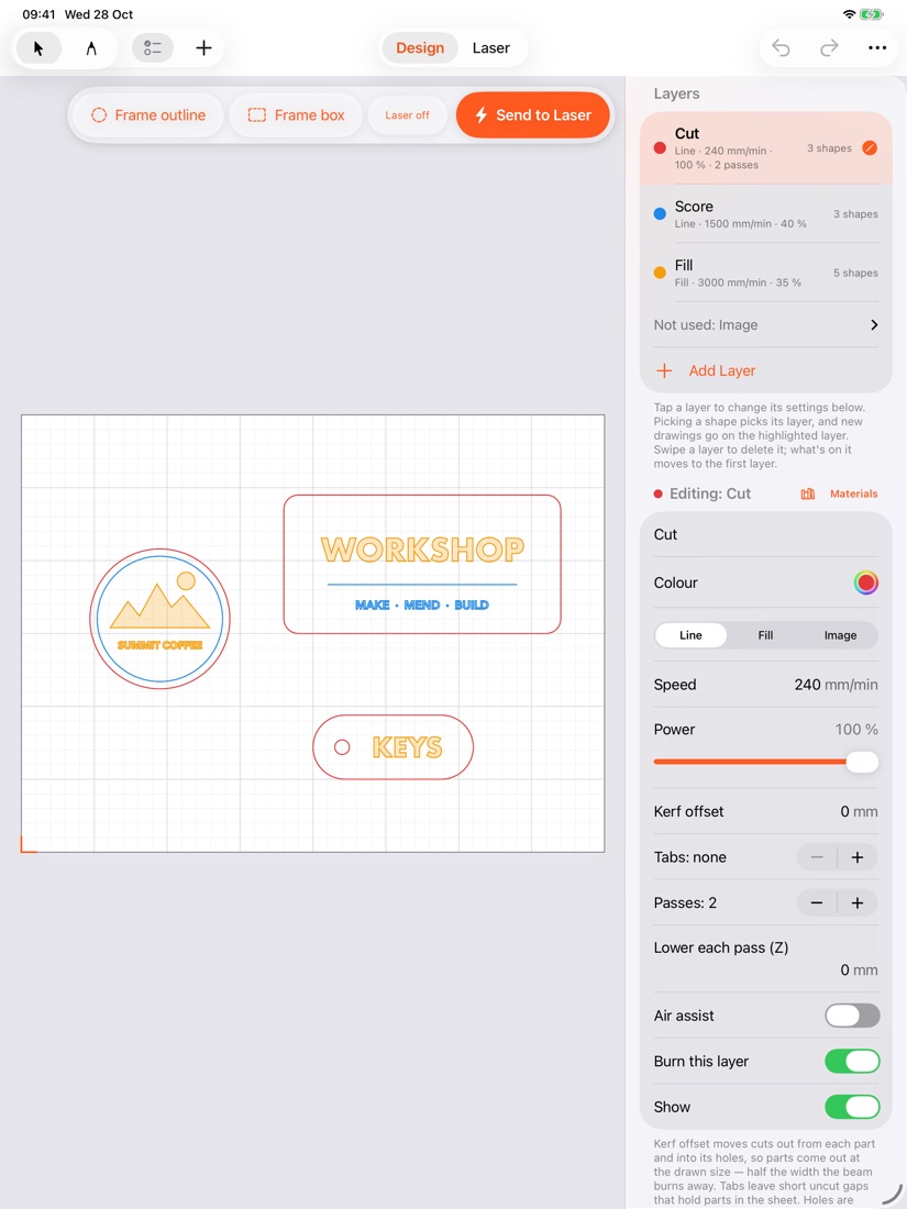 Designing a layout of shapes and text in Kerf