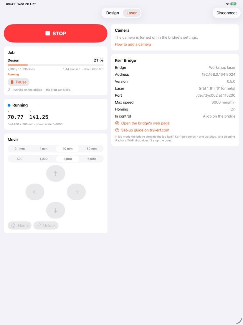 A job running, with progress and a Stop button