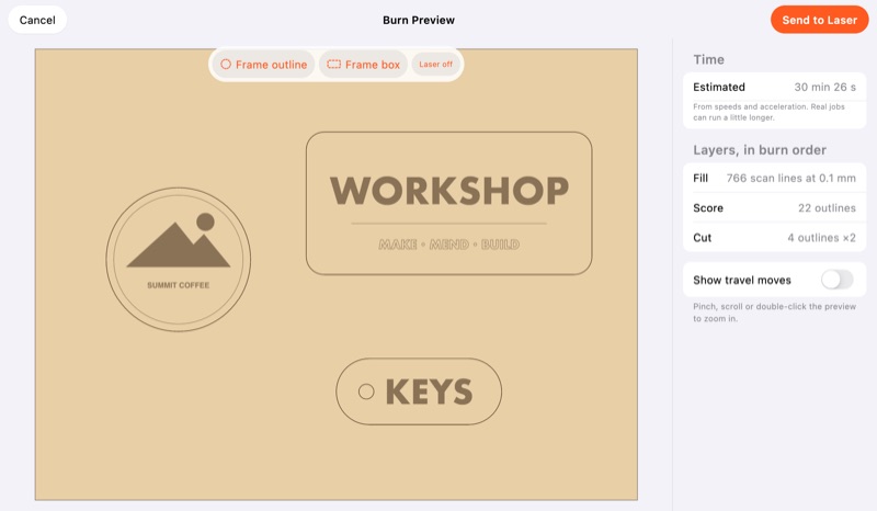 Burn Preview on a Mac, showing the job on wood with its time