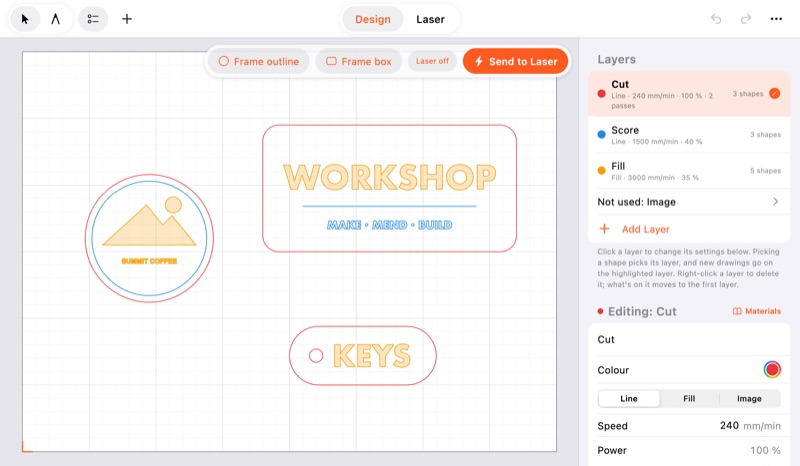 Kerf on a Mac: a sign, a badge and a key tag on the bed, with the layers beside them